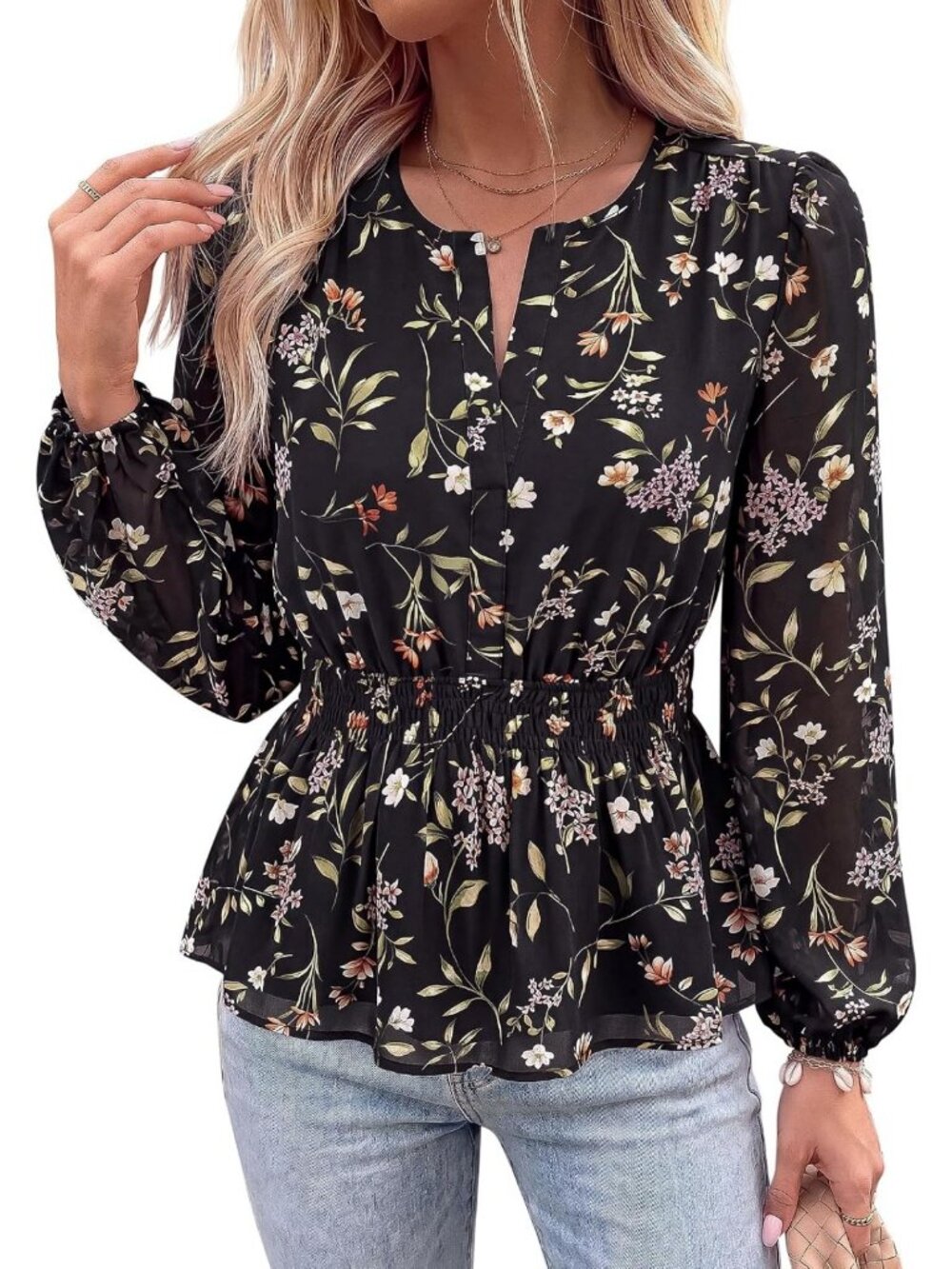 Floral V-Neck Long Sleeve Chiffon Top | Dressy Casual Women's Shirt